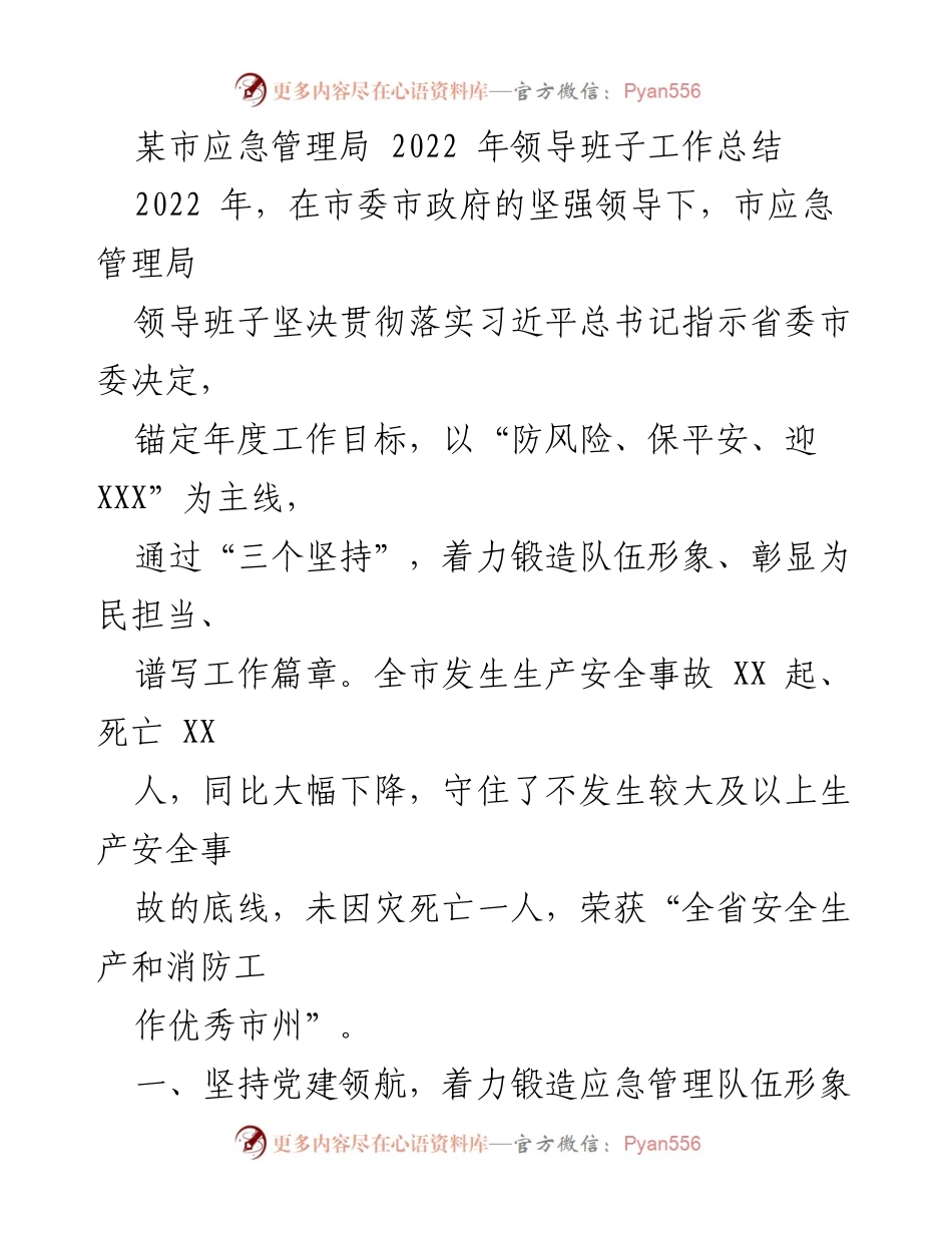 [工作总结] 市应急管理局 - 2022年应急管理局领导班子工作总结报告.docx_第1页