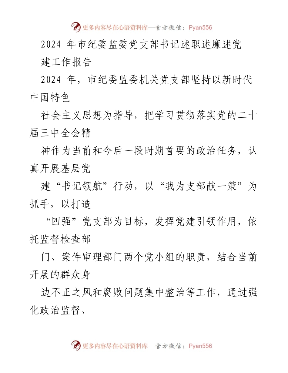 [工作总结] 市纪委监委 - 2024年党支部书记述职述廉工作总结报告.docx_第1页