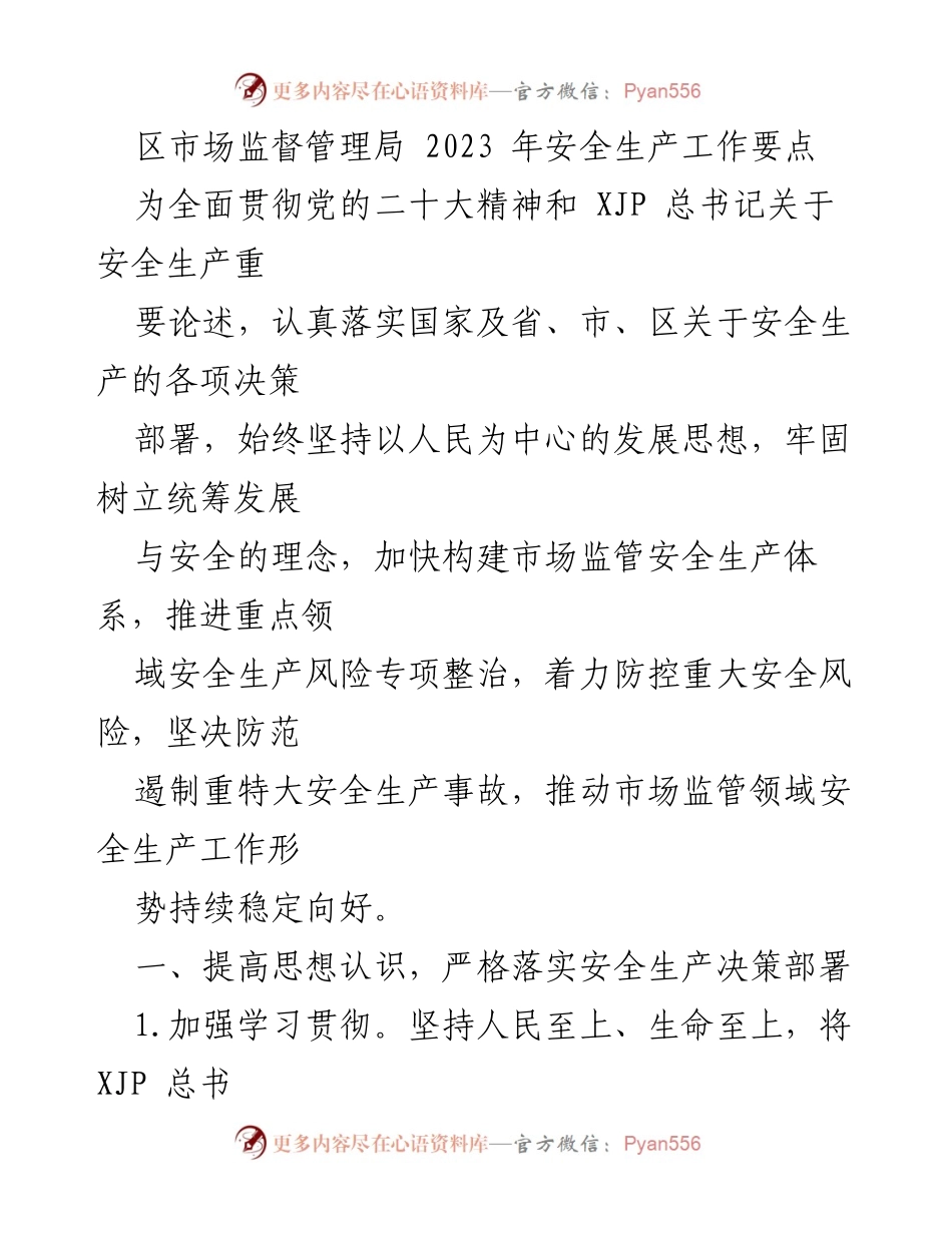[工作总结] 安全生产工作会议 - 2023年区市场监督管理局安全生产工作要点.docx_第1页