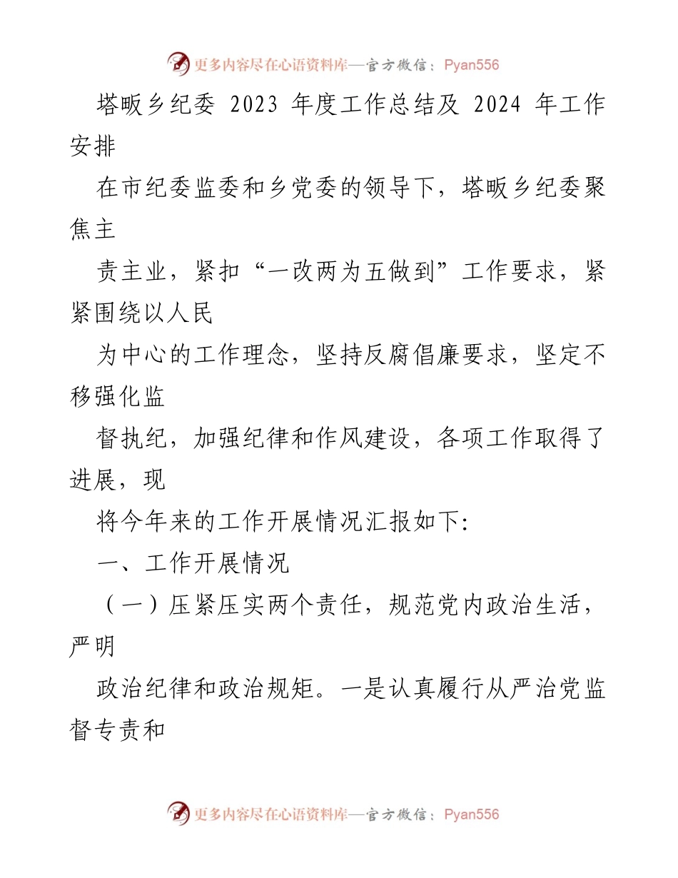 [工作总结] 年度工作总结会议 - 塔畈乡纪委2023年度工作总结与2024年工作安排.docx_第1页