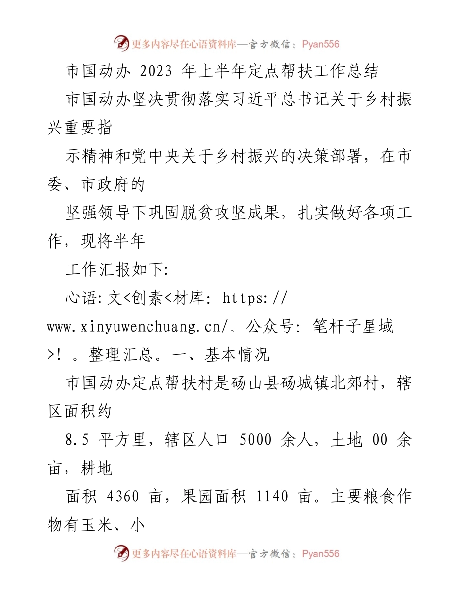 [工作总结] 定点帮扶工作 - 市国动办2023年上半年定点帮扶工作总结.docx_第1页