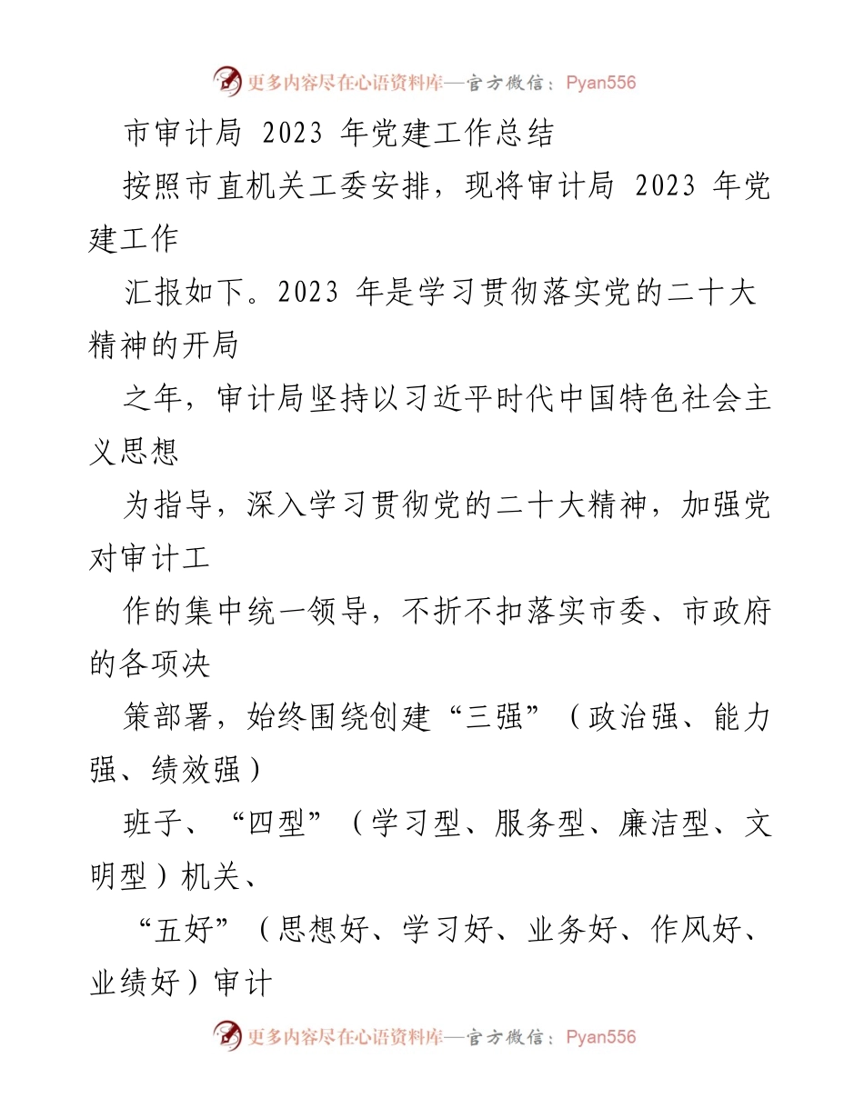 [工作总结] 市审计局 - 2023 年党建工作总结报告_1.docx_第1页