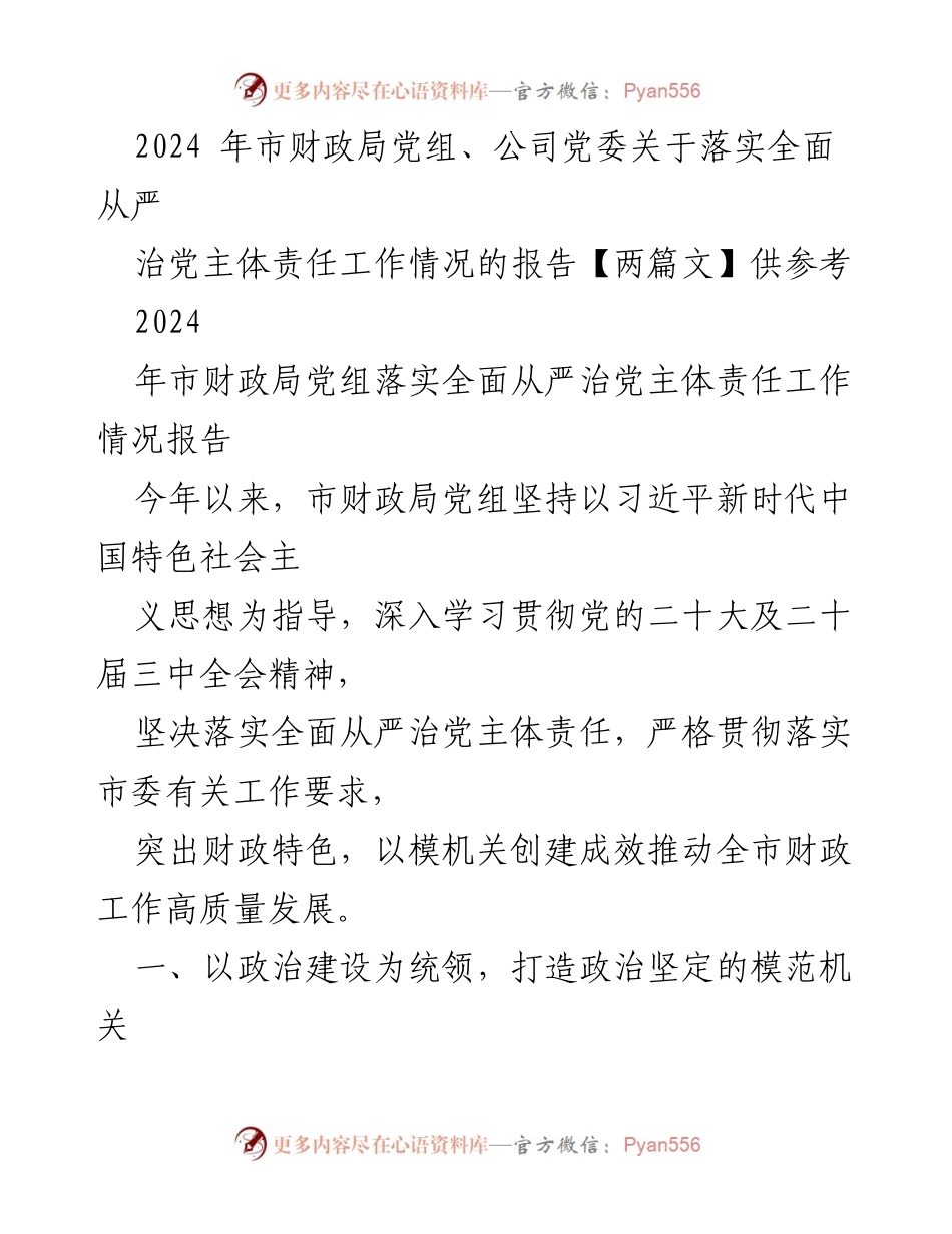 [工作总结] 市财政局 - 2024年市财政局党组全面从严治党主体责任工作情况总结报告.docx_第1页