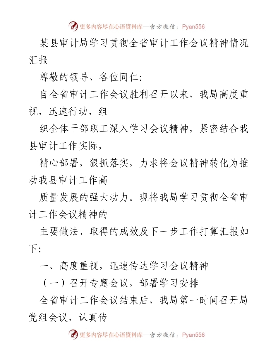 [工作总结] 审计局 - 学习贯彻全省审计工作会议精神情况汇报.docx_第1页