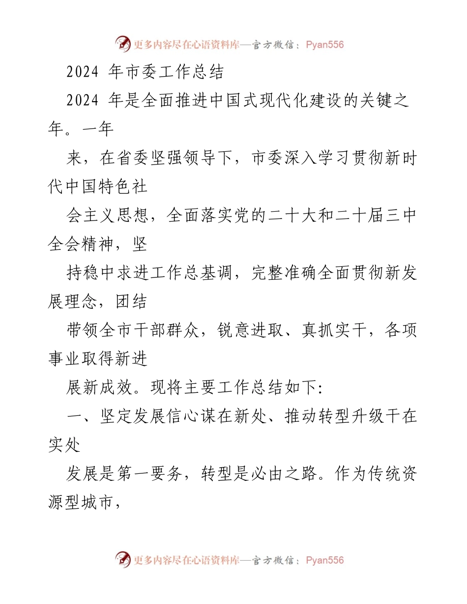 [工作总结] 市委工作总结 - 2024年市委工作总结与发展成就回顾.docx_第1页