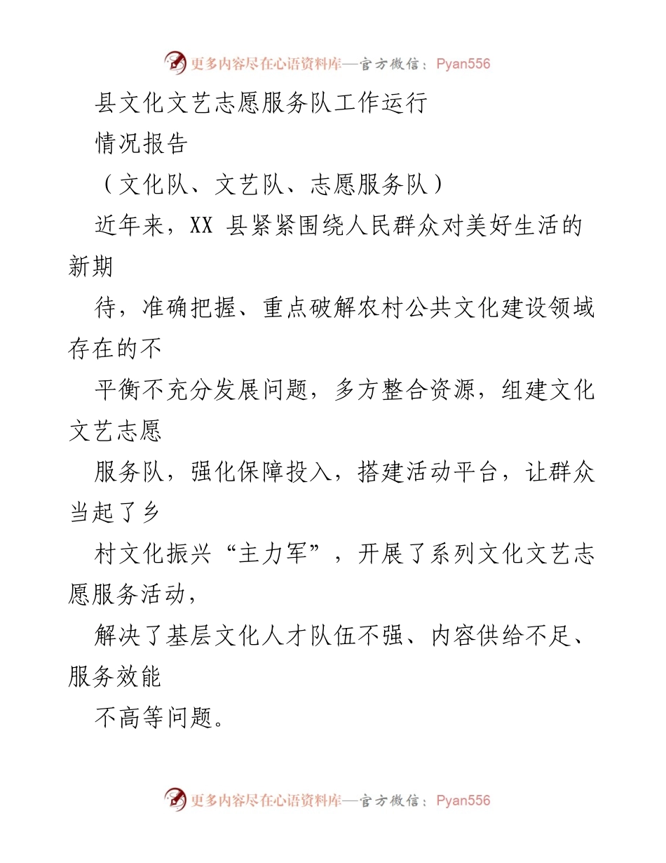 [工作总结] 文化建设 - XX县文化文艺志愿服务队工作运行情况报告.docx_第1页
