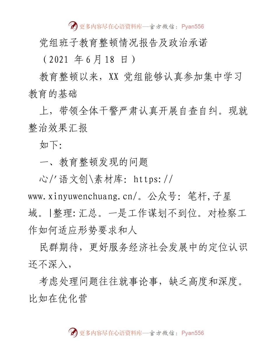 [工作总结] 教育整顿 - 党组班子教育整顿情况及问题剖析报告.docx_第1页
