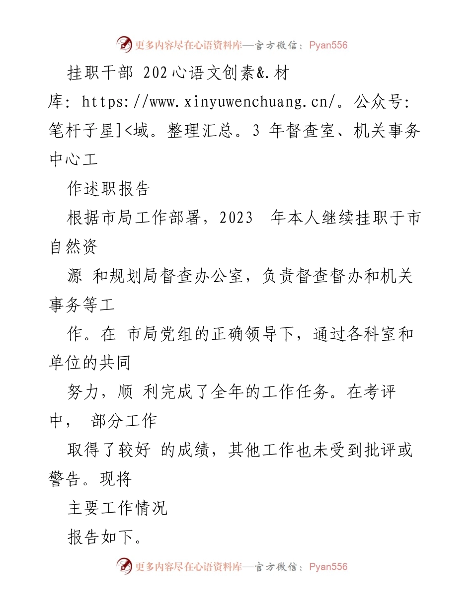 [工作总结] 挂职干部述职 - 2023年市自然资源和规划局督查室工作述职报告.docx_第1页