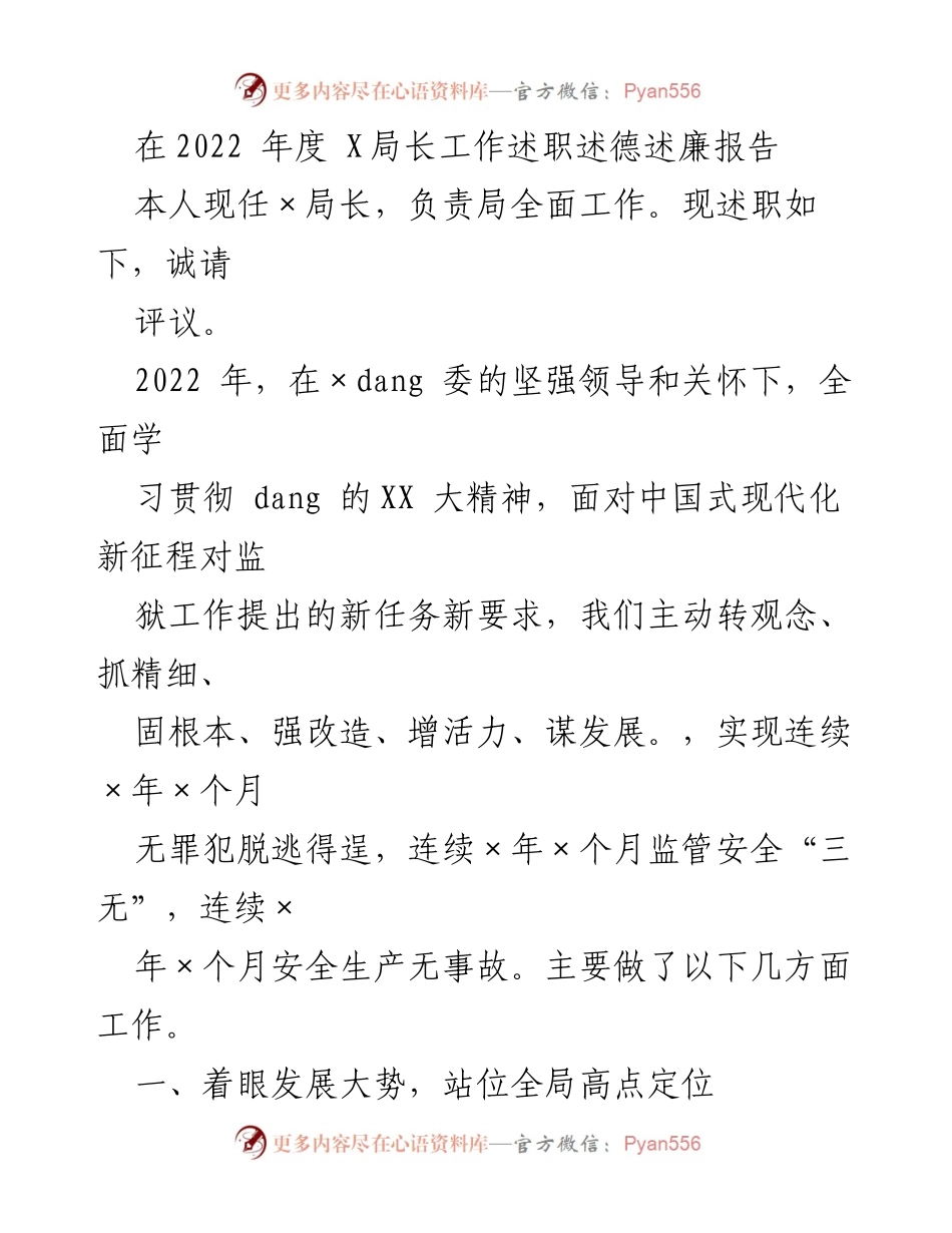 [工作总结] 年度述职 - 2022年度X局长工作述职述德述廉报告.docx_第1页