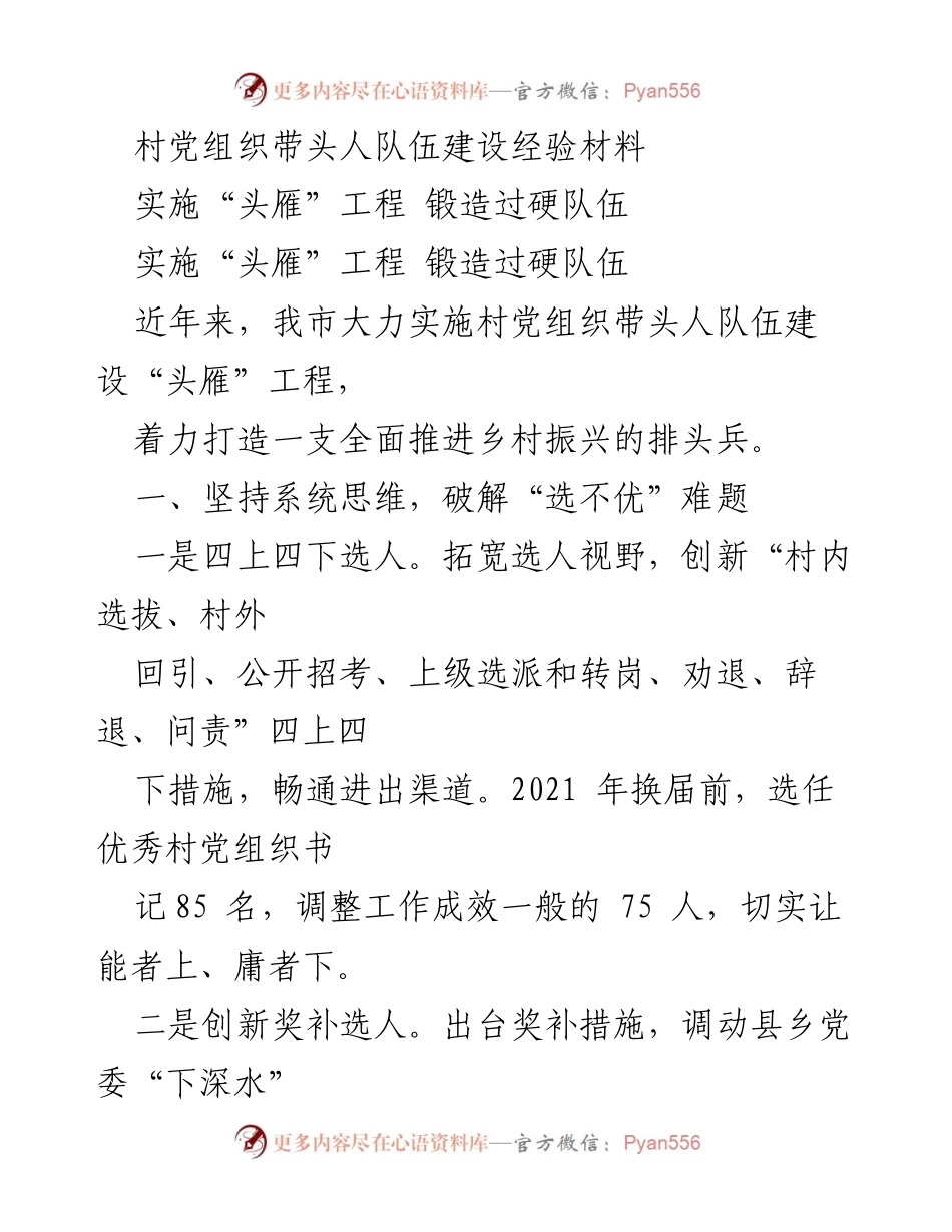 [工作总结] 村党组织建设 - 实施“头雁”工程，锻造乡村振兴带头人队伍建设经验.docx_第1页