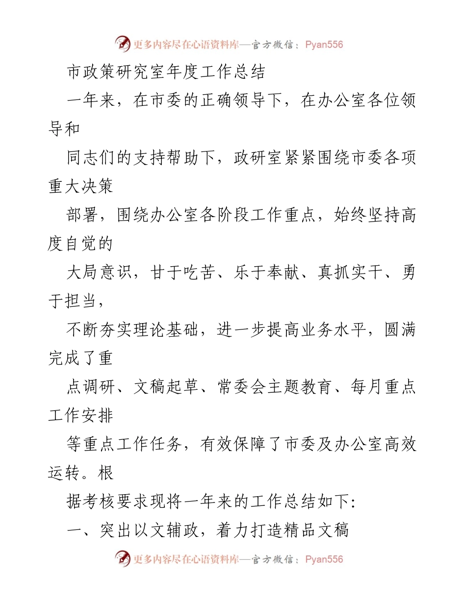 [工作总结] 政策研究室 - 市政策研究室年度工作总结与成效分析.docx_第1页