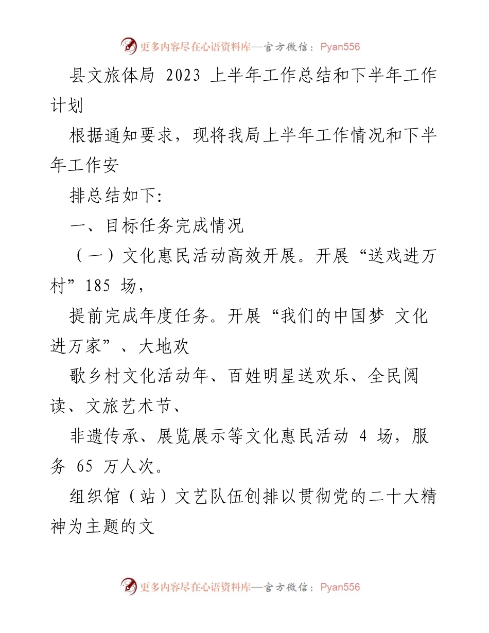 [工作总结] 文旅体局会议 - 2023年上半年工作总结与下半年工作计划.docx_第1页