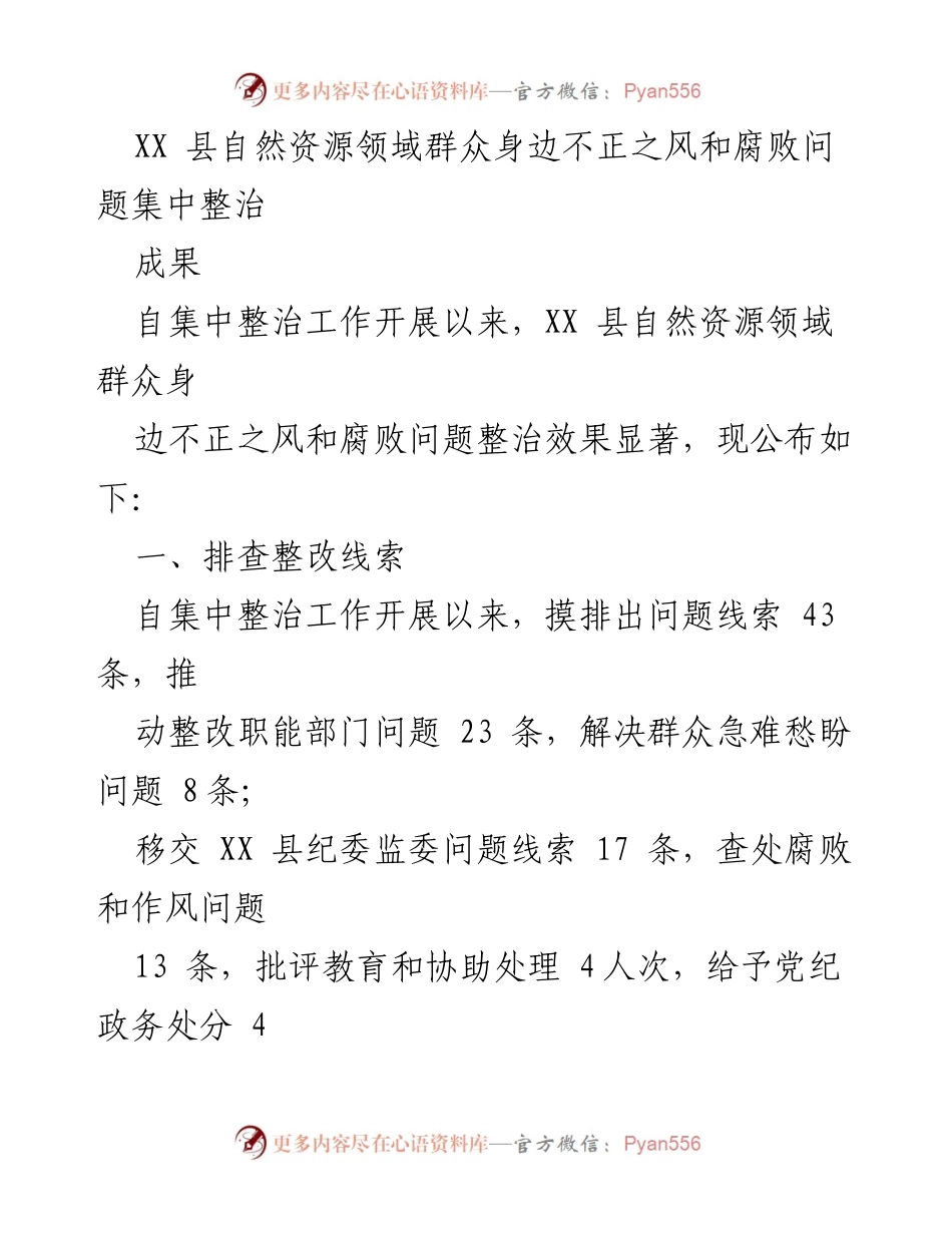 [工作总结] 整治活动 - XX县自然资源领域腐败问题整治成果汇报.docx_第1页