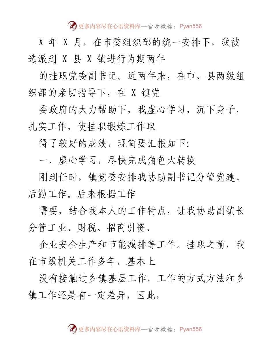 [工作总结] 挂职锻炼 - 挂职党委副书记工作总结与体会.docx_第1页