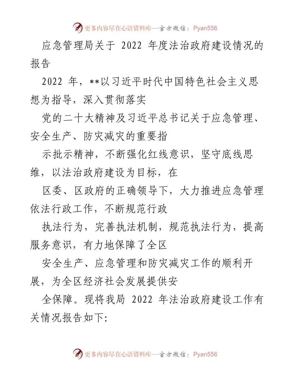 [工作总结] 应急管理局 - 2022年度法治政府建设情况报告.docx_第1页