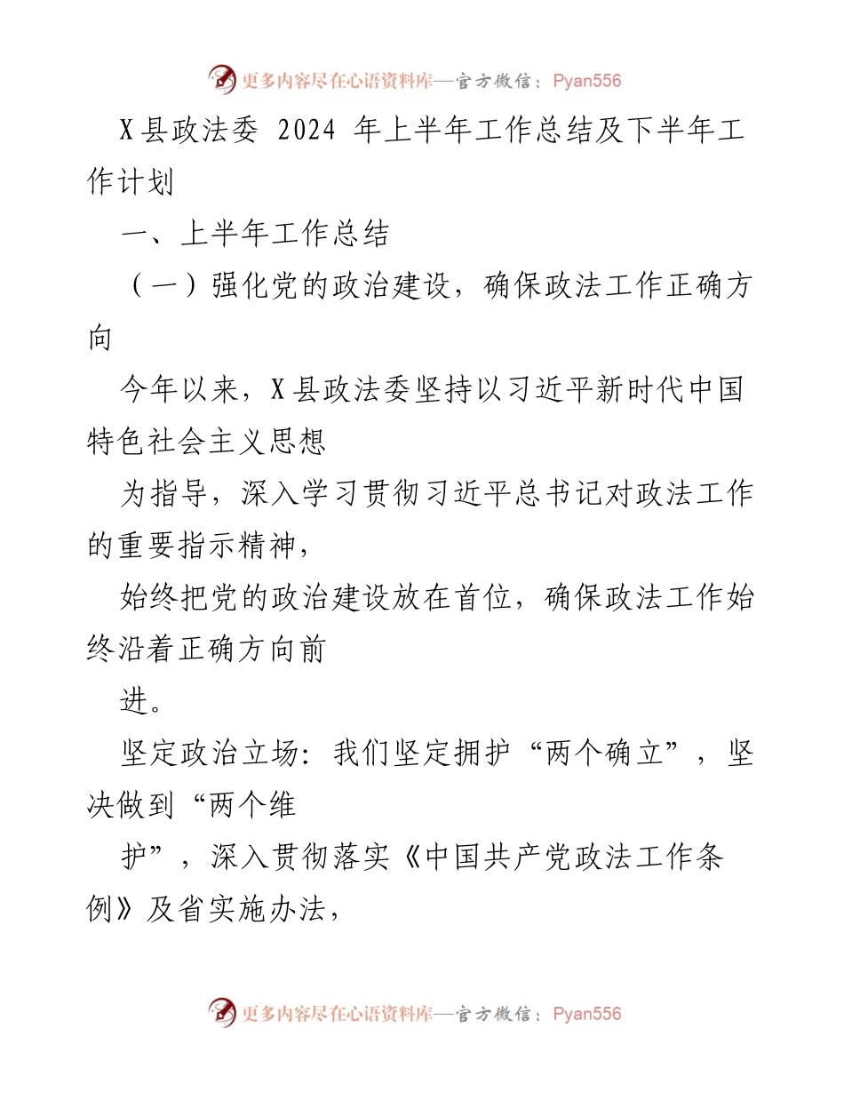 [工作总结] 政法工作 - X县政法委2024年上半年工作总结及下半年工作计划.docx_第1页