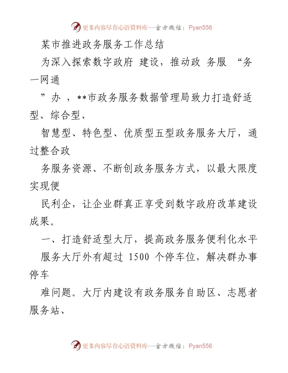 [工作总结] 政务服务推进 - 某市政务服务工作总结：数字政府建设与服务大厅升级.docx_第1页