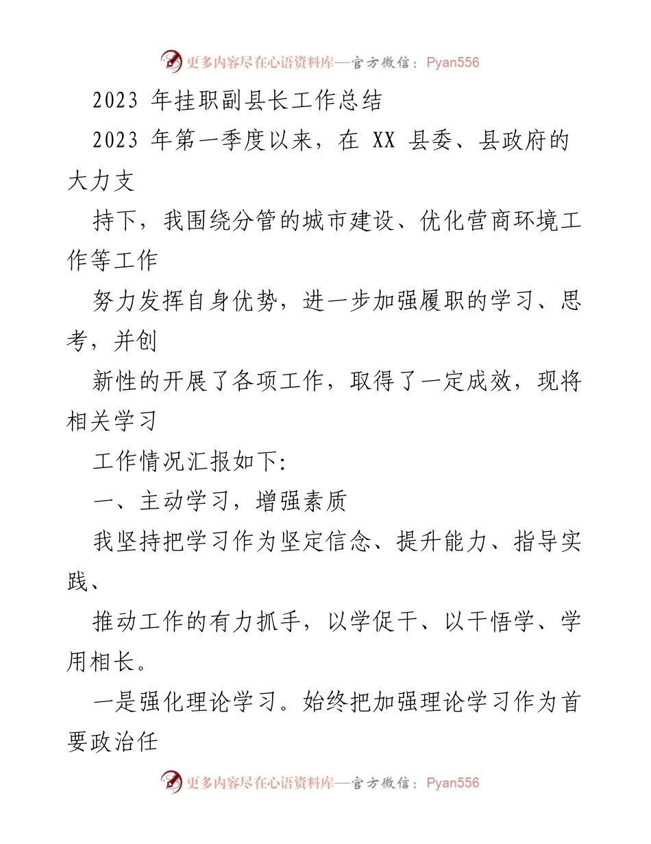 [工作总结] 挂职副县长 - 2023年挂职副县长工作总结与履职报告.docx_第1页