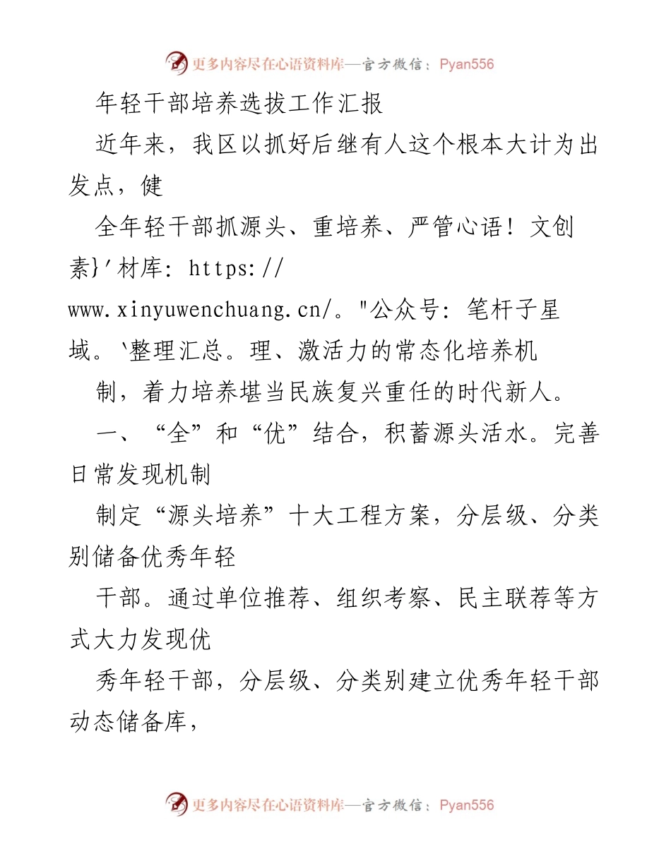 [工作总结] 年轻干部培养选拔 - 年轻干部培养选拔工作汇报.docx_第1页