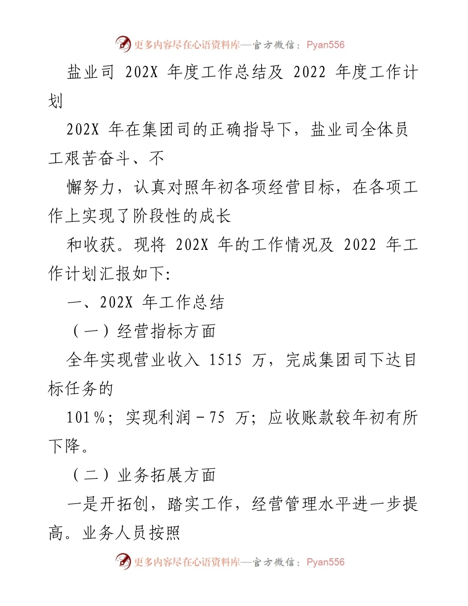 [工作总结] 年度总结 - 盐业司202X年度工作总结及2022年工作计划.docx_第1页