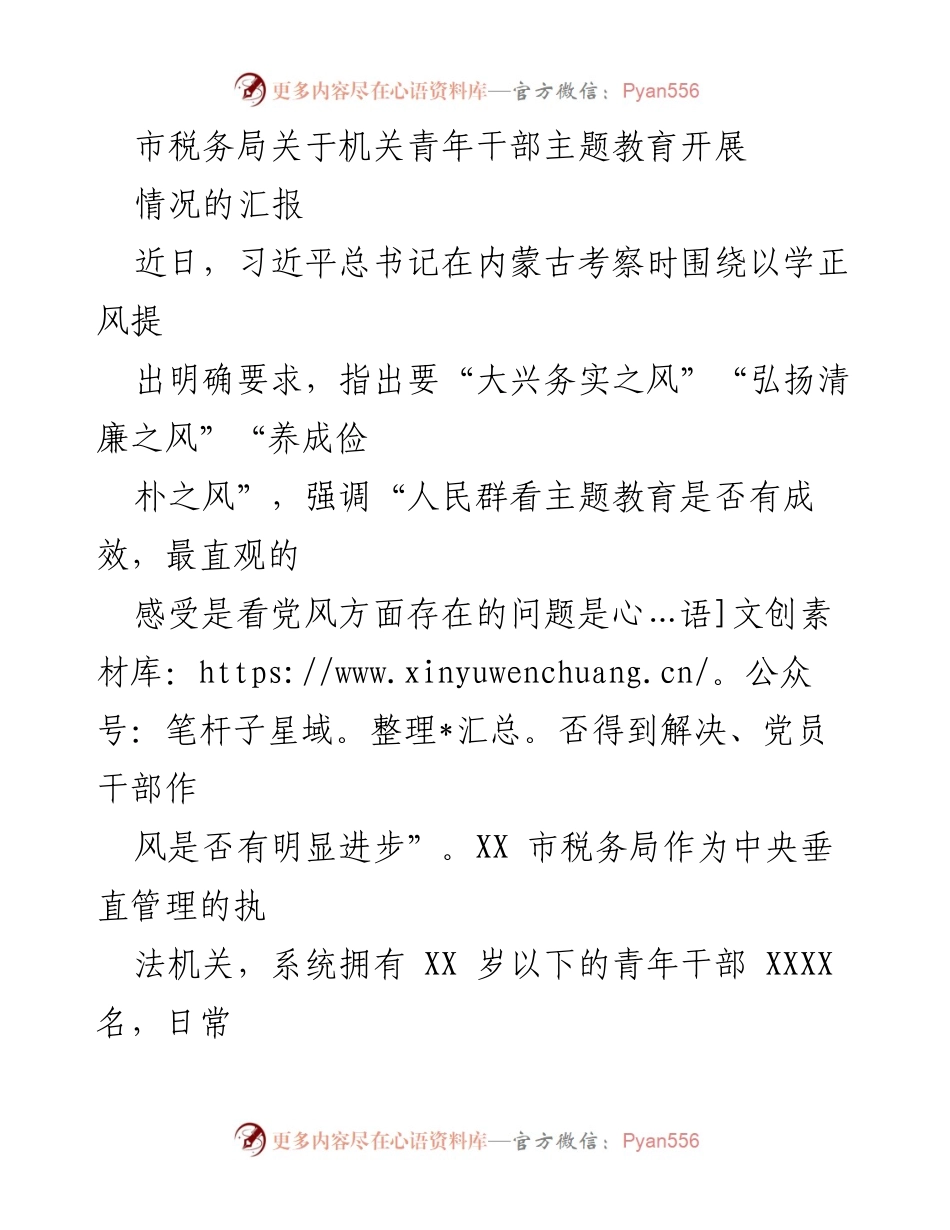 [工作总结] 机关青年干部主题教育 - 市税务局青年干部主题教育开展情况汇报.docx_第1页