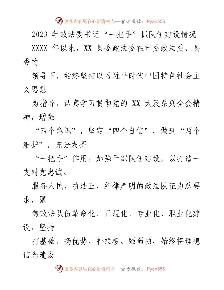 [工作总结] 政法队伍建设 - 2023年政法委书记队伍建设工作总结报告.docx_第1页