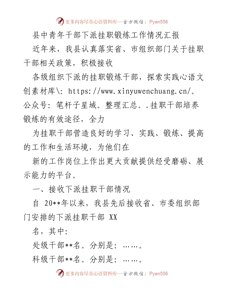 [工作总结] 挂职锻炼 - 县中青年干部挂职锻炼工作情况汇报.docx_第1页