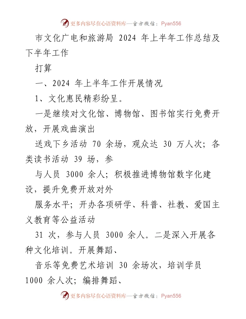 [工作总结] 文化广电旅游局 - 2024年上半年工作总结及下半年工作计划.docx_第1页