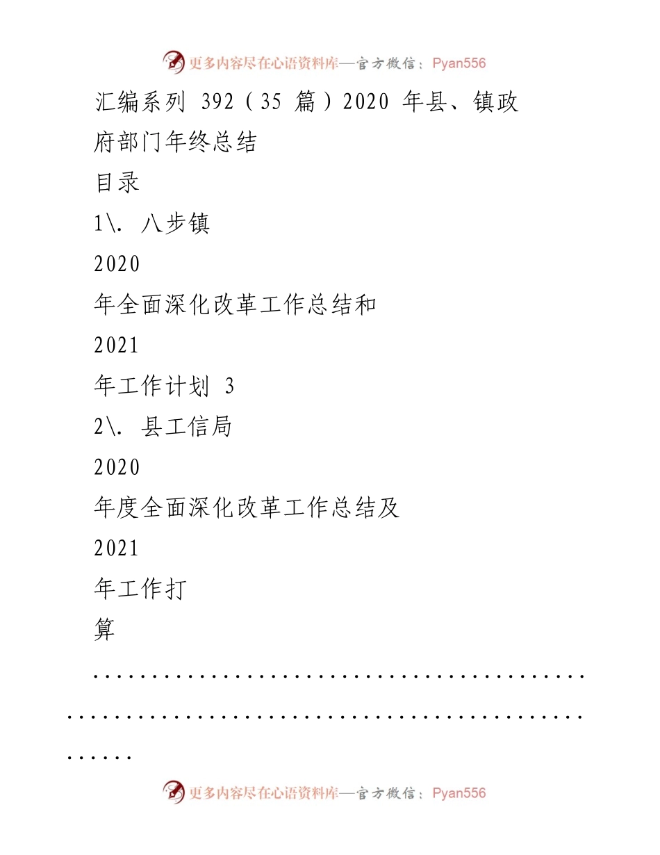 [工作总结] 年终总结 - 2020年县镇政府部门年终工作总结与2021年工作计划.docx_第1页