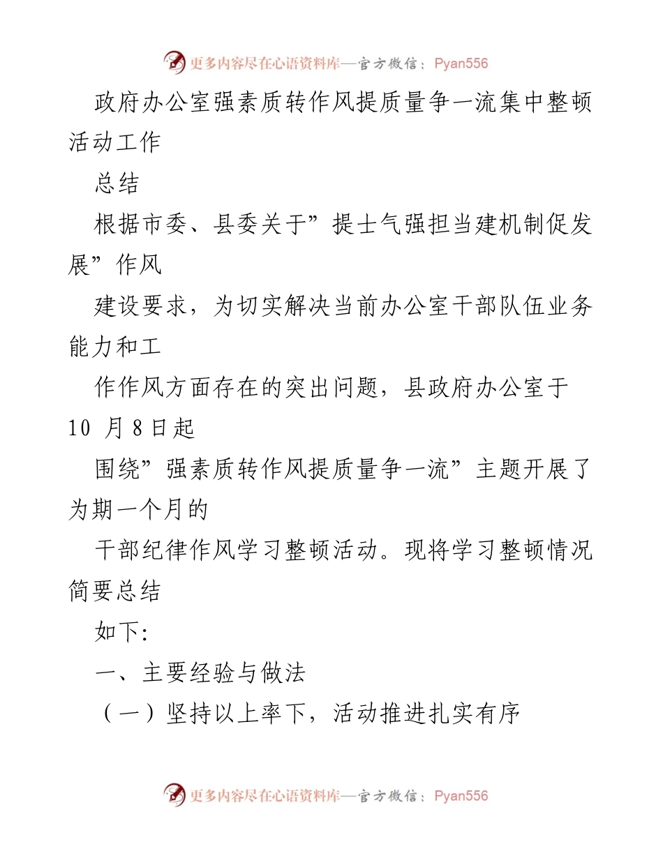 [工作总结] 政府办公室 - 提升干部素质与作风整顿活动总结_1.docx_第1页
