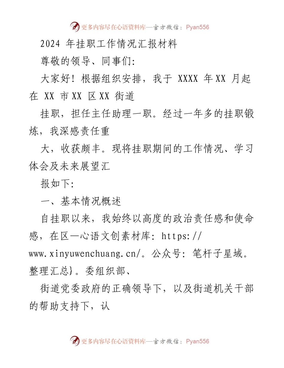 [工作总结] 挂职锻炼 - 2024年挂职工作情况汇报.docx_第1页