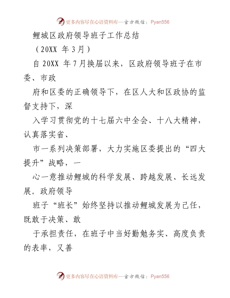 [工作总结] 政府领导班子 - 鲤城区政府领导班子工作总结与成效分析.docx_第1页
