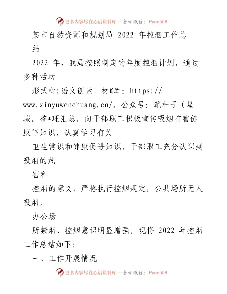 [工作总结] 控烟工作 - 2022 年某市自然资源和规划局控烟工作总结.docx_第1页