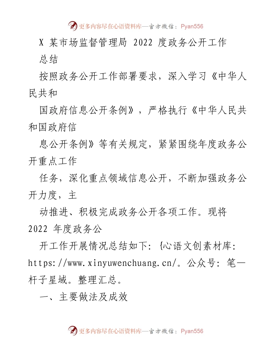 [工作总结] 政务公开 - 2022年度某市场监督管理局政务公开工作总结.docx_第1页