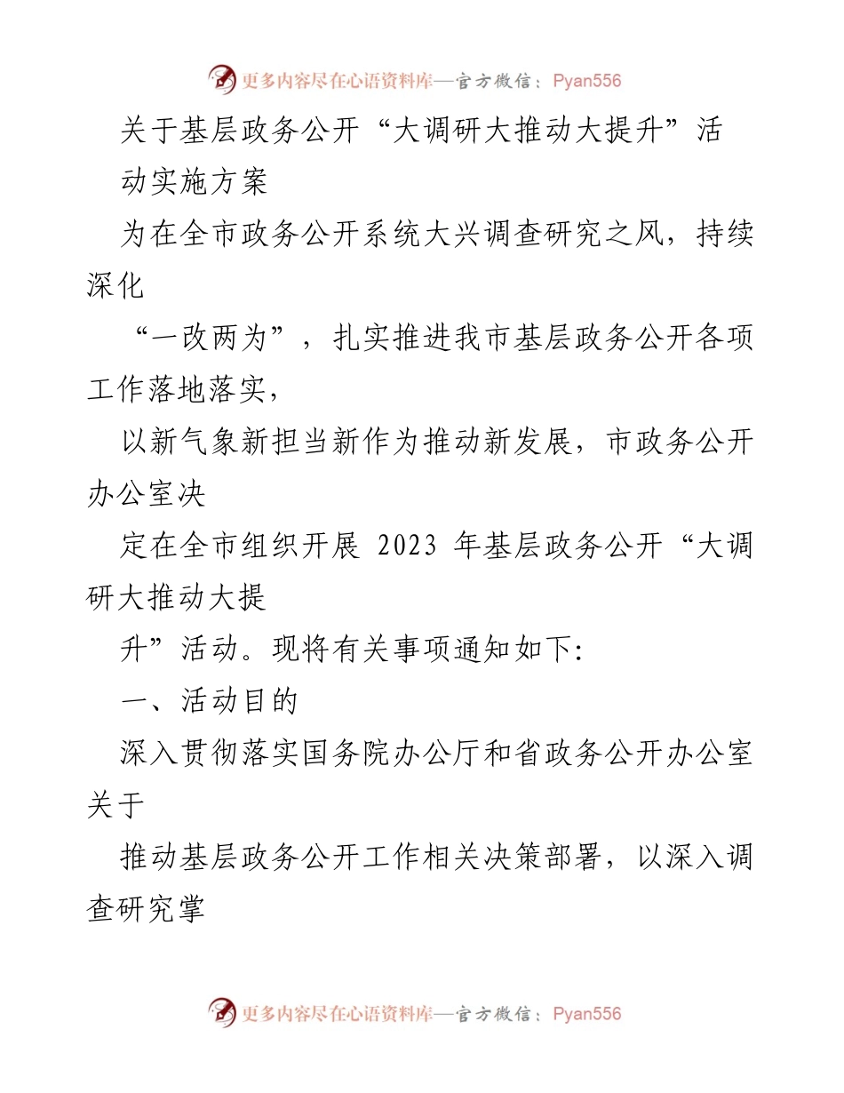 [工作总结] 政务公开活动 - 基层政务公开“大调研大推动大提升”活动实施方案总结.docx_第1页
