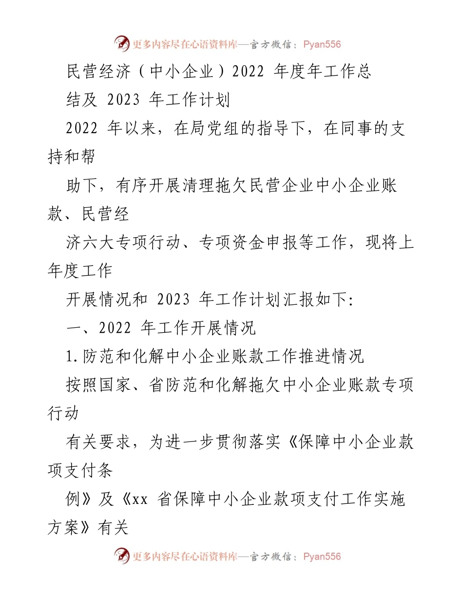 [工作总结] 年度总结 - 民营经济（中小企业）2022年度工作总结及2023年工作计划.docx_第1页