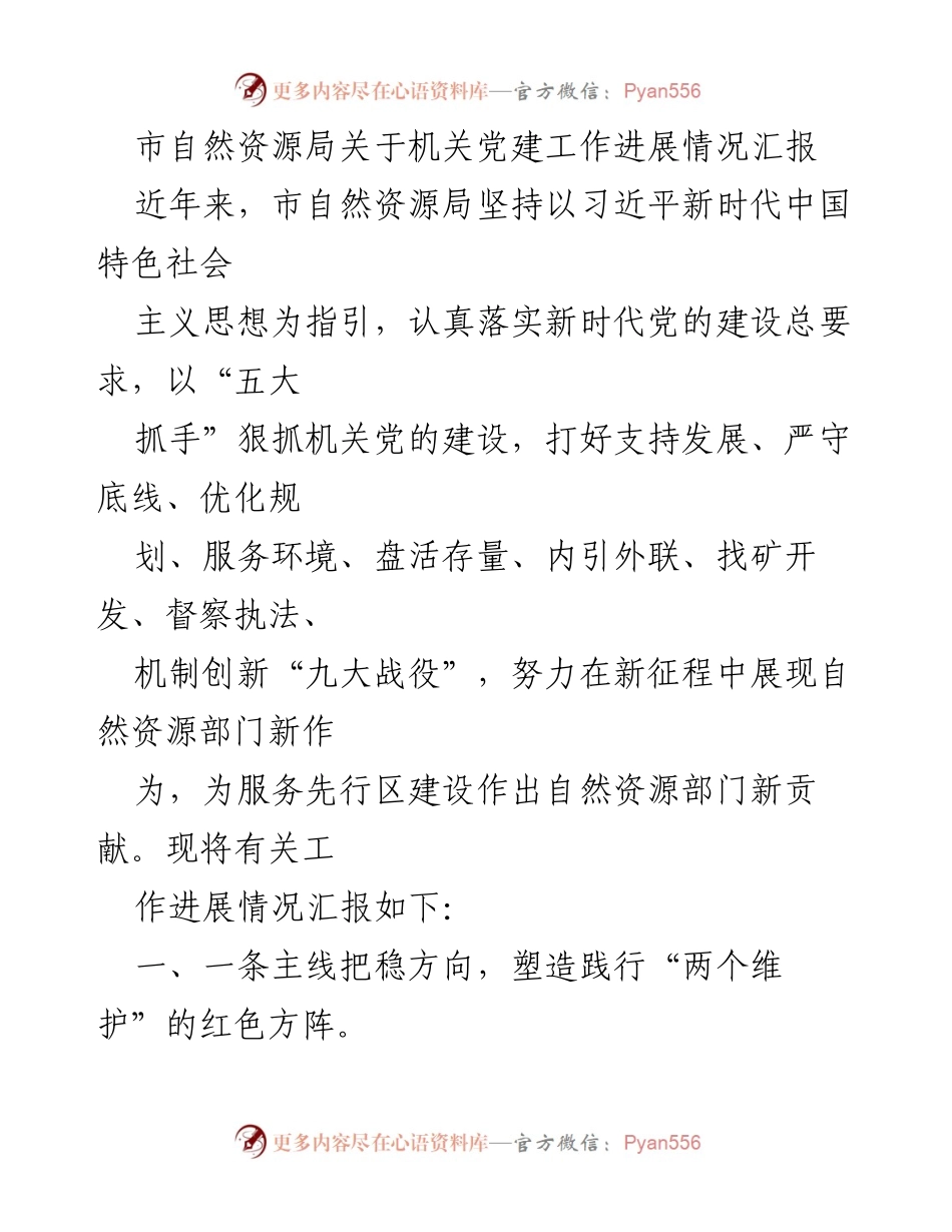 [工作总结] 机关党建工作 - 市自然资源局机关党建工作进展情况汇报_2.docx_第1页