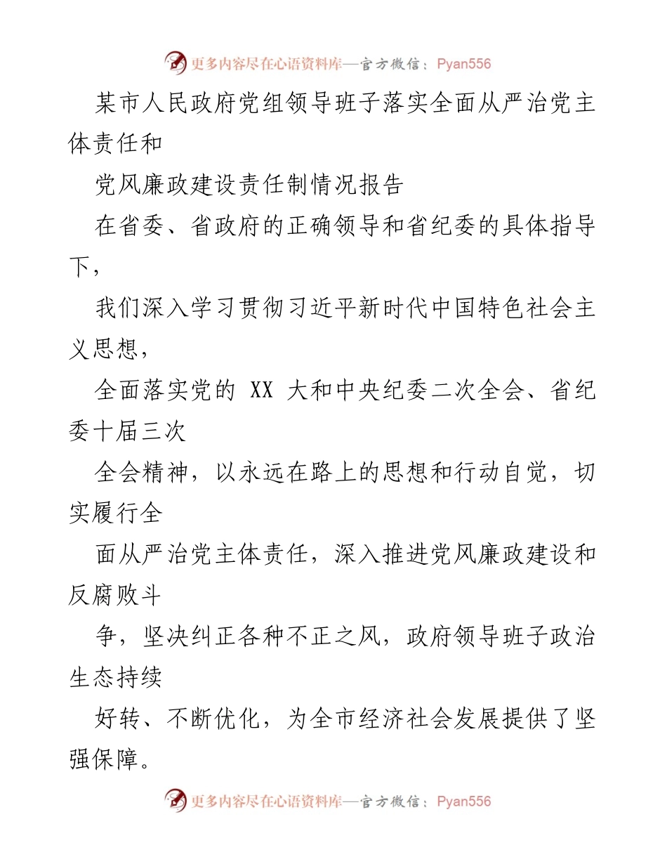 [工作总结] 政府党组 - 全面从严治党主体责任落实情况报告.docx_第1页