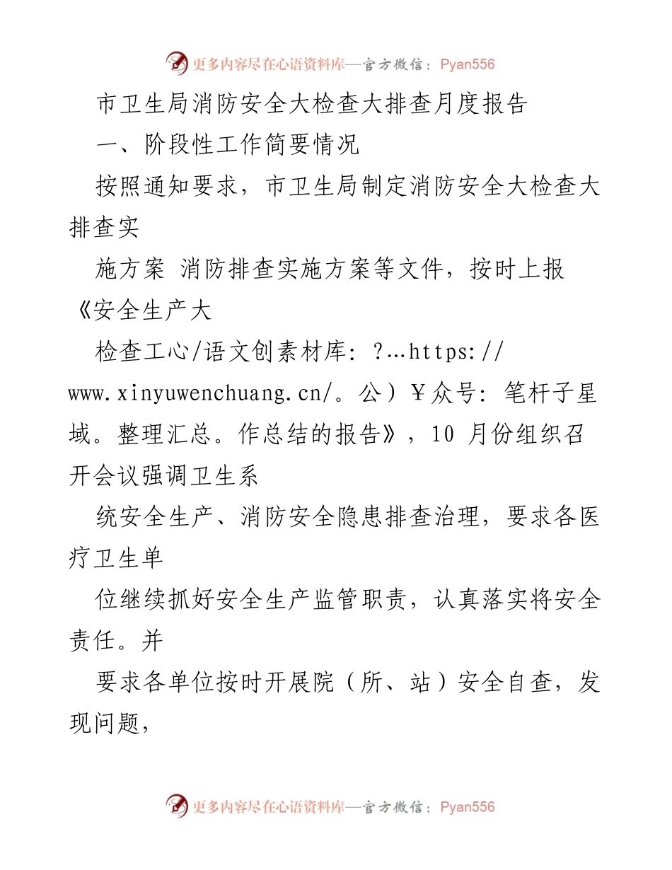 [工作总结] 月度消防安全检查 - 市卫生局消防安全检查月度报告.docx_第1页
