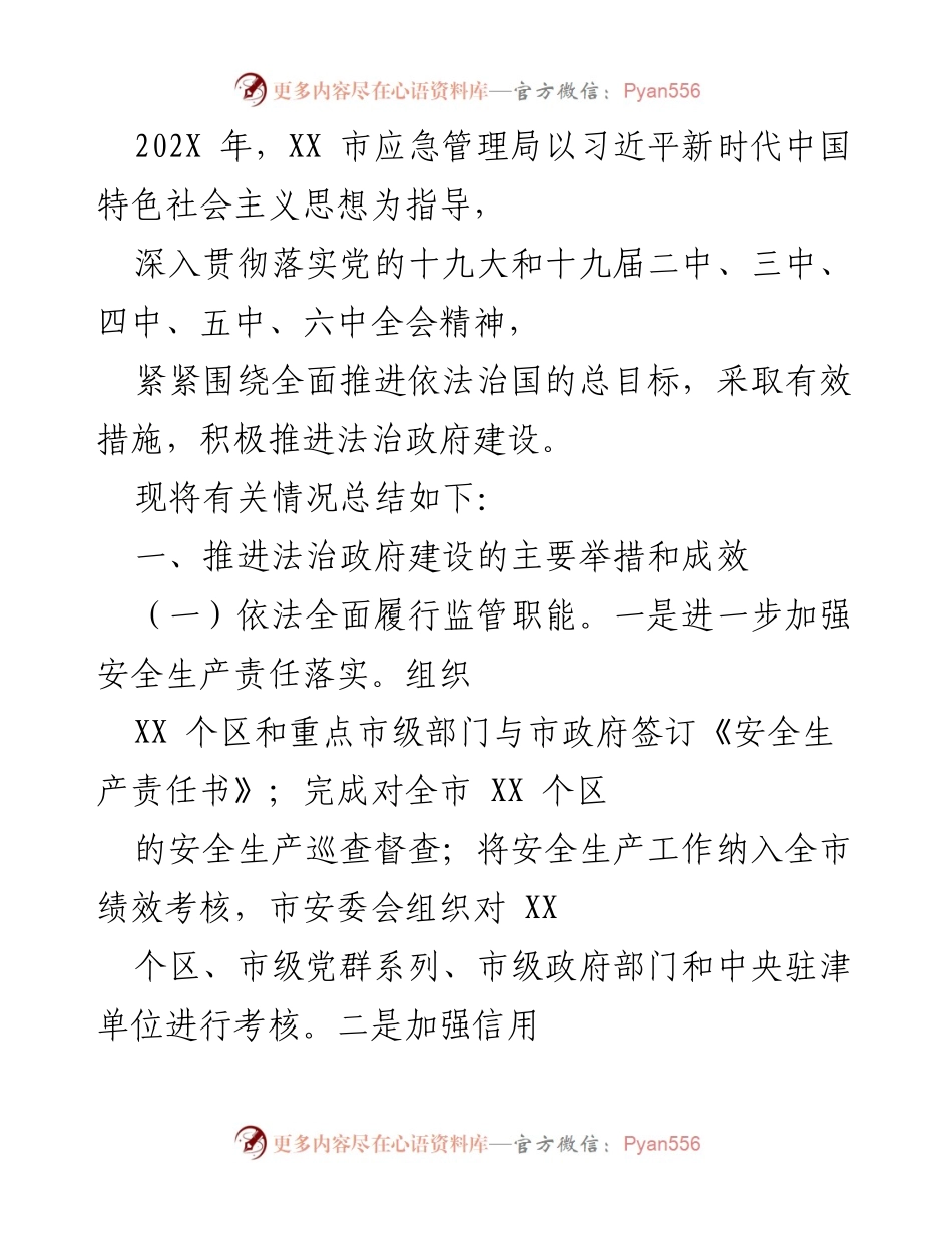[工作总结] 应急管理 - XX市法治政府建设推进情况总结.docx_第1页