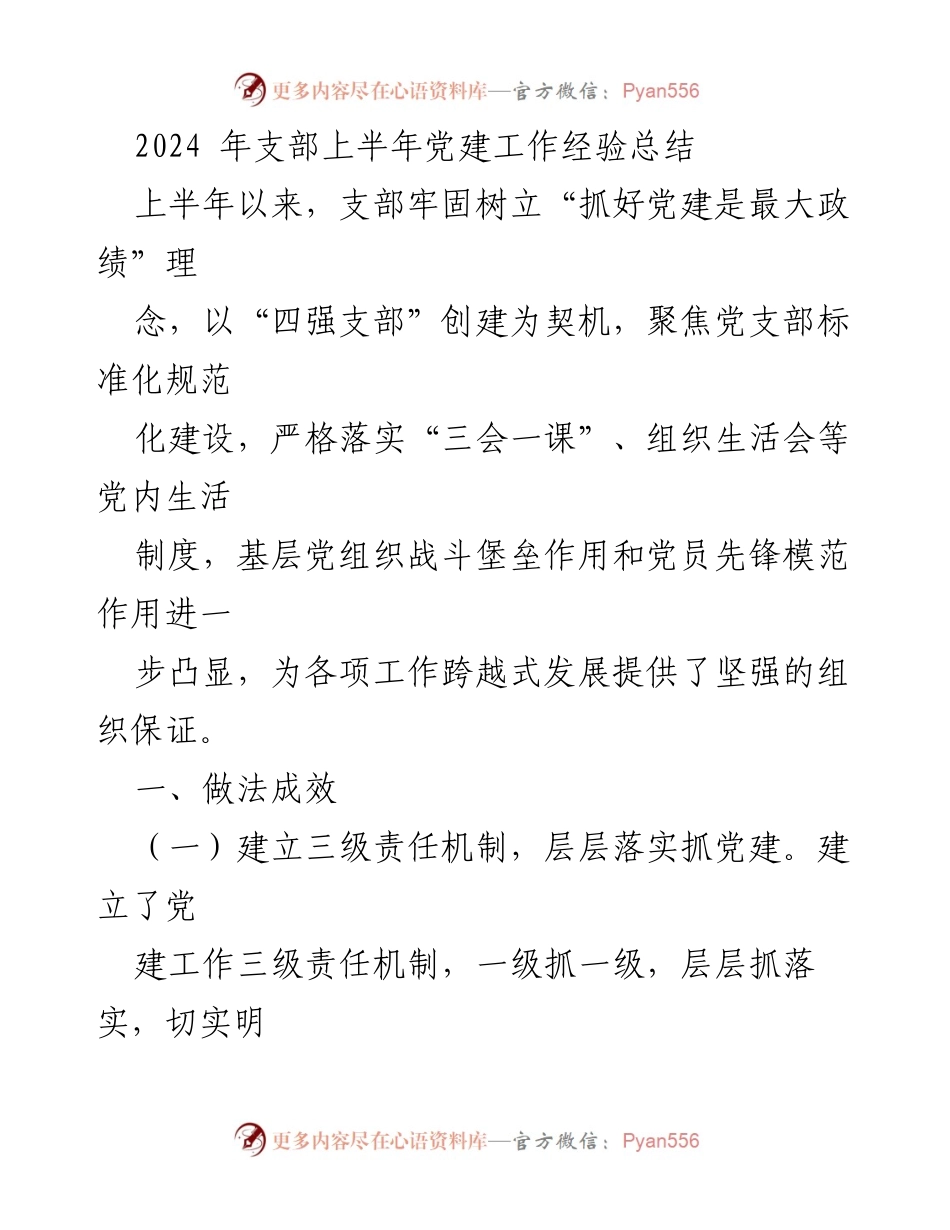 [工作总结] 支部党建工作 - 2024年上半年支部党建工作经验总结.docx_第1页
