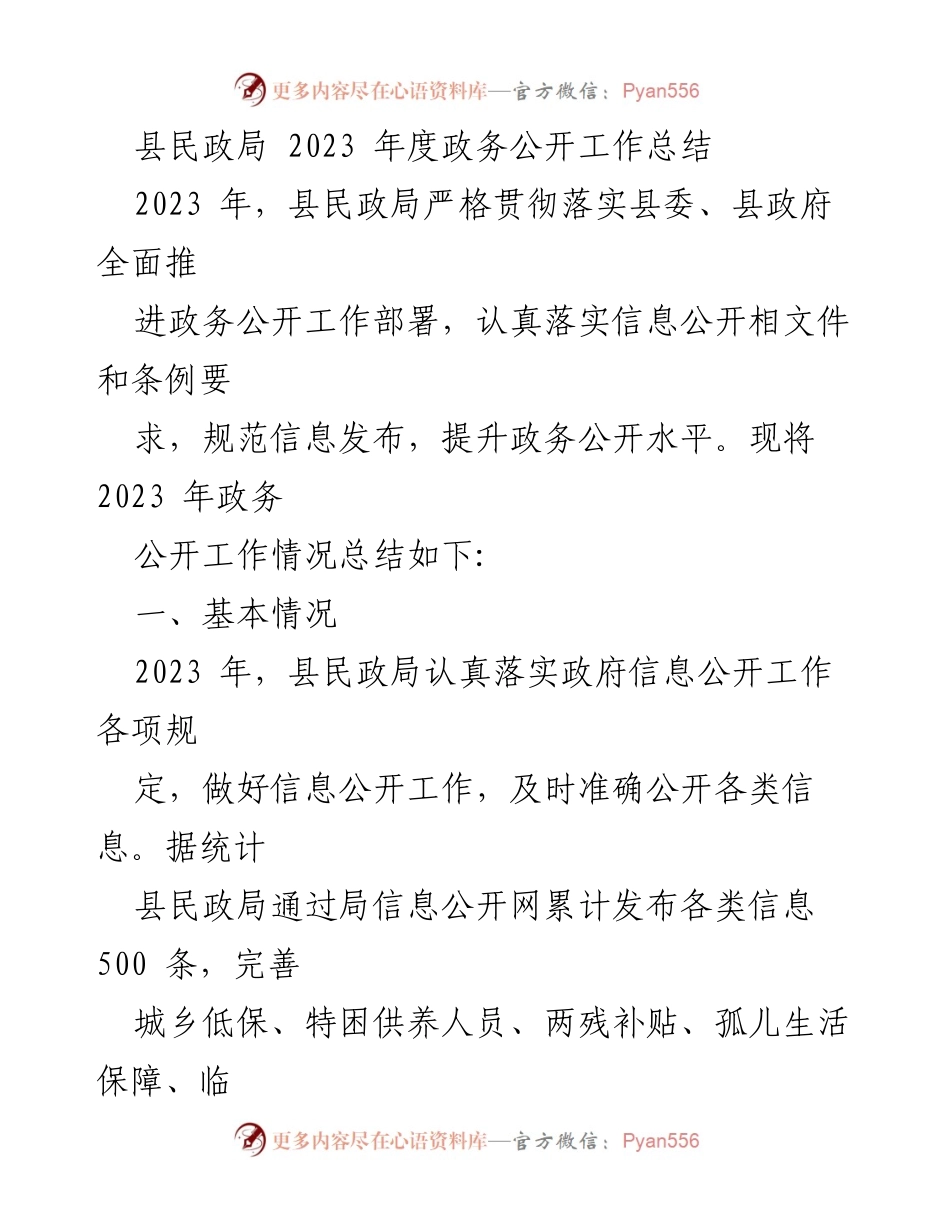 [工作总结] 政务公开工作 - 2023年度县民政局政务公开工作总结.docx_第1页