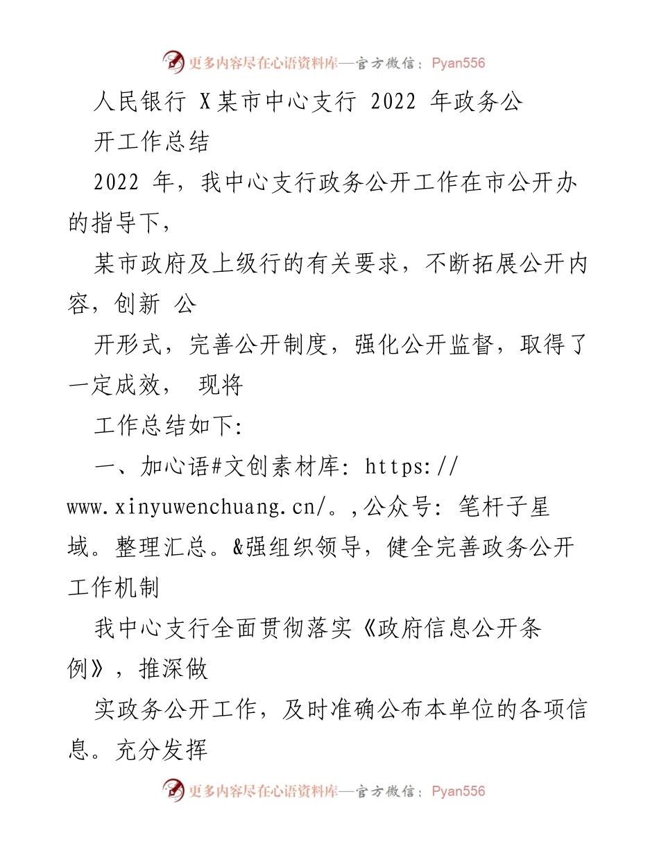 [工作总结] 政务公开 - 2022年某市中心支行政务公开工作总结.docx_第1页