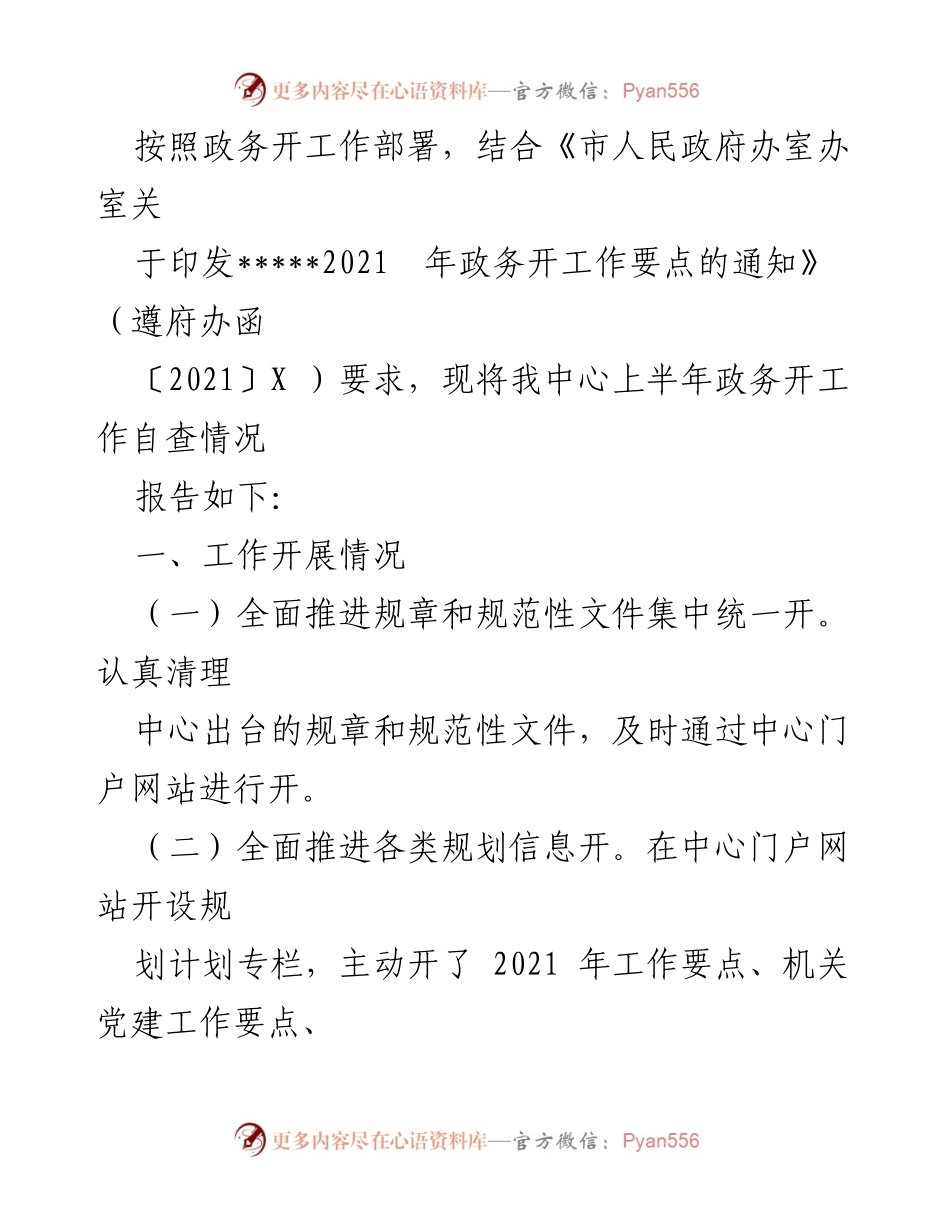 [工作总结] 政务工作 - 2021年上半年政务公开工作自查报告.docx_第1页