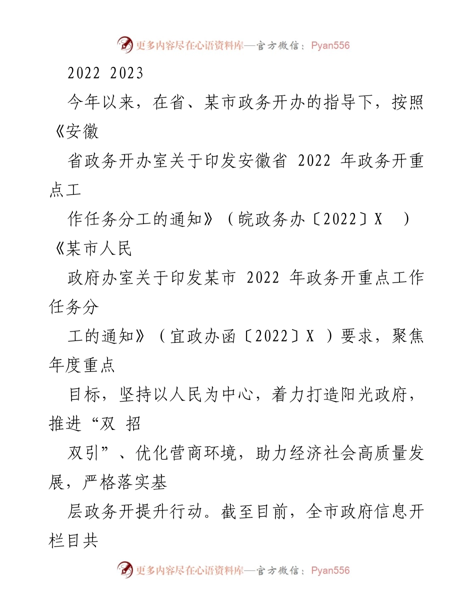 [工作总结] 政务工作推进 - 2022年某市政务开放工作进展与提升措施总结.docx_第1页