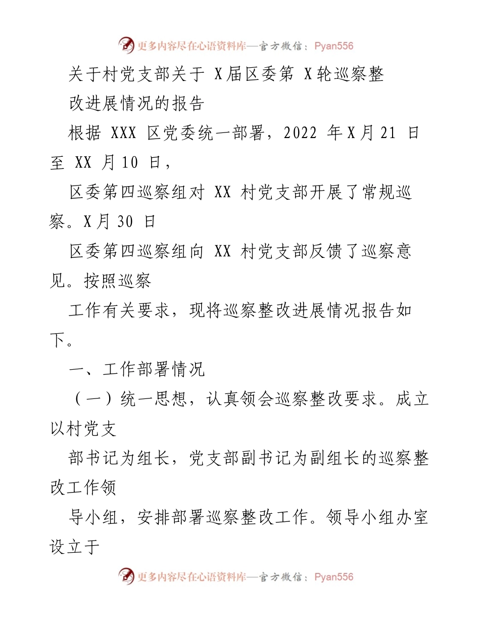 [工作总结] 村党支部 - 巡察整改工作进展情况报告.docx_第1页