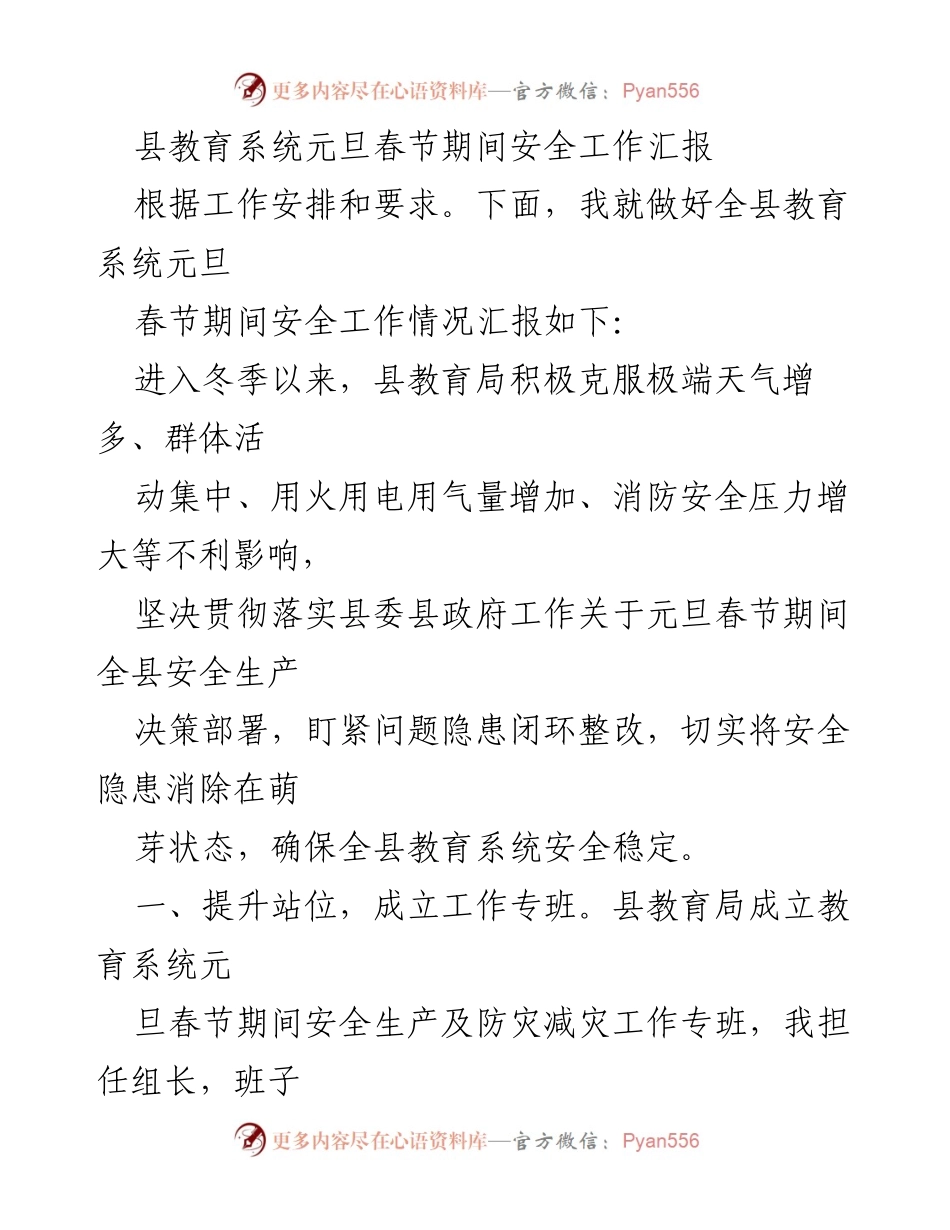 [工作总结] 教育系统 - 元旦春节期间安全工作汇报.docx_第1页