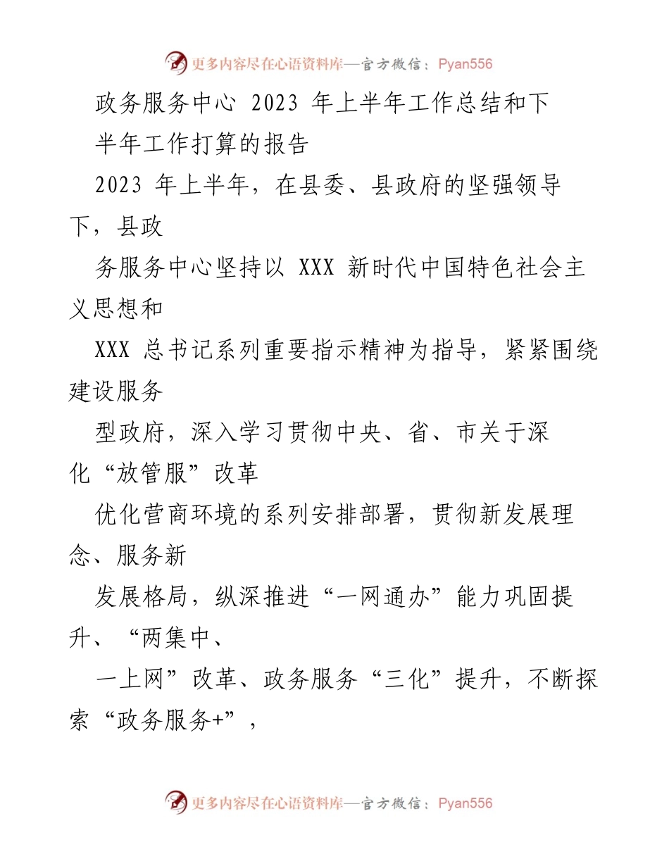 [工作总结] 政务服务中心 - 2023年上半年工作总结与下半年工作计划报告_1.docx_第1页