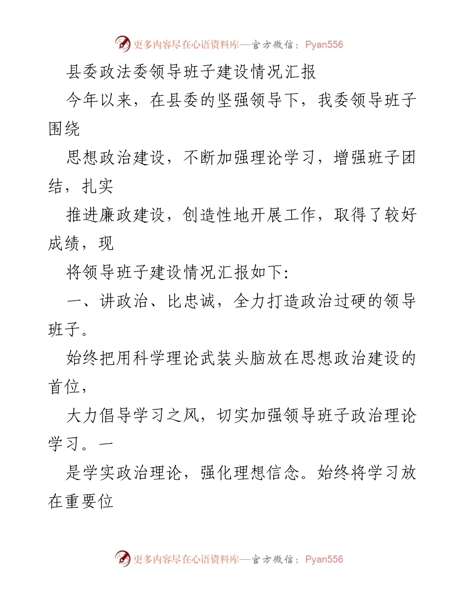 [工作总结] 政法委 - 领导班子建设情况汇报.docx_第1页