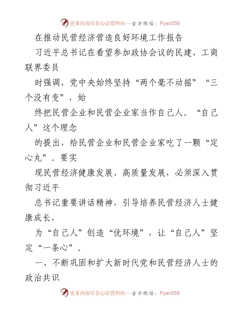 [工作总结] 政治会议 - 推动民营经济健康发展的工作报告.docx_第1页